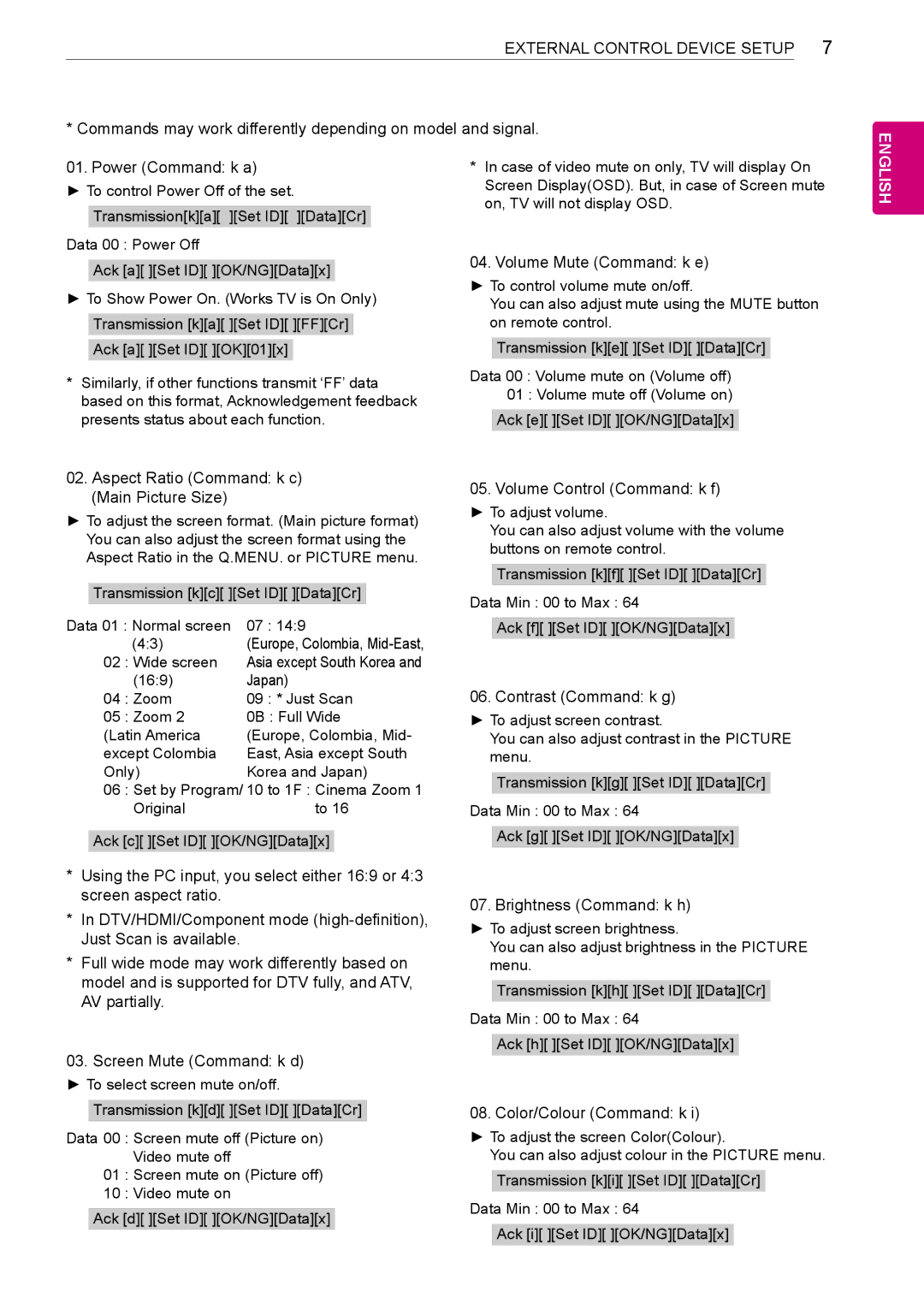 LG Electronics 50PN4500 Volume Mute Command k e, Aspect Ratio Command k c Main Picture Size, Volume Control Command k f 