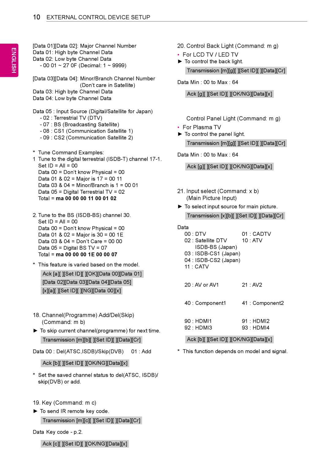 LG Electronics 50PN4500, 50PN6500, 60PN5300 ChannelProgramme Add/DelSkip Command m b, Control Back Light Command m g 