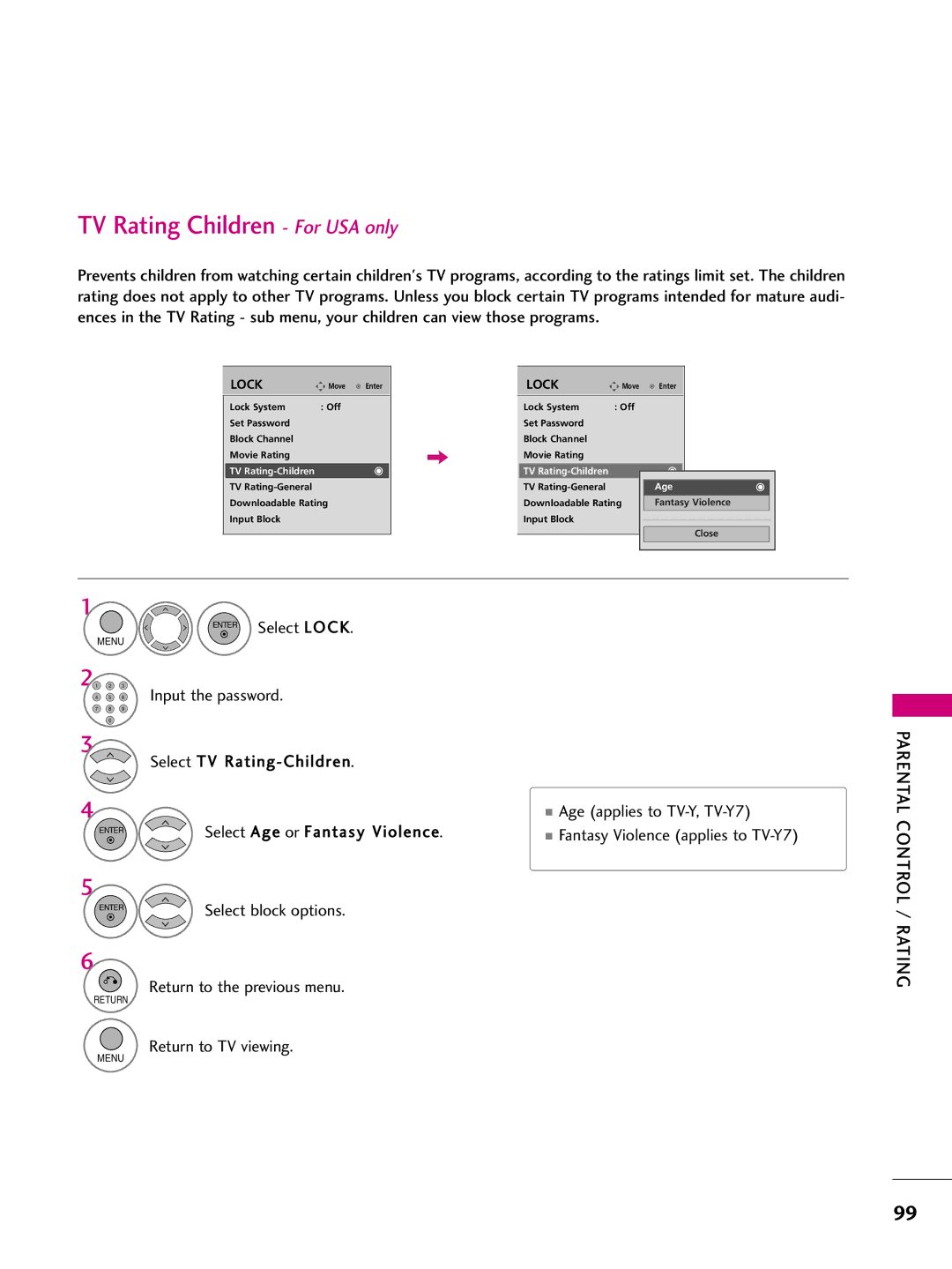 LG Electronics 60PS70, 50PS70 TV Rating Children For USA only, Select TV Rating-Children Age applies to TV-Y, TV-Y7 