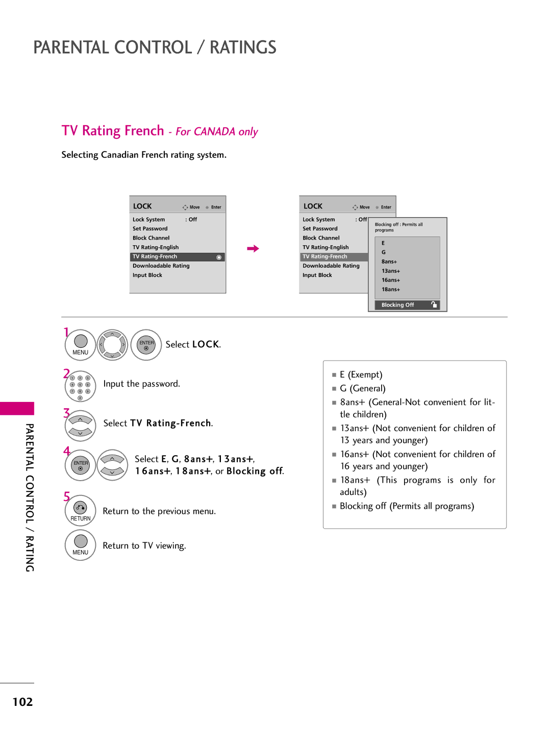 LG Electronics 50PS70, 60PS70 owner manual TV Rating French For Canada only, Selecting Canadian French rating system 