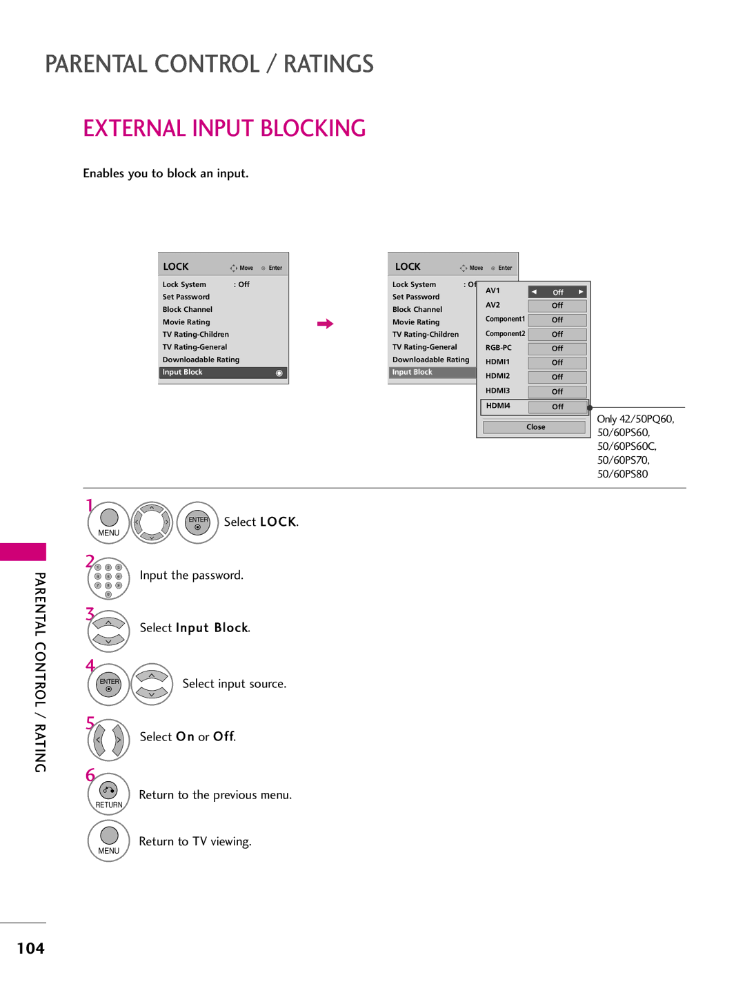 LG Electronics 50PS70, 60PS70 owner manual External Input Blocking, Enables you to block an input 