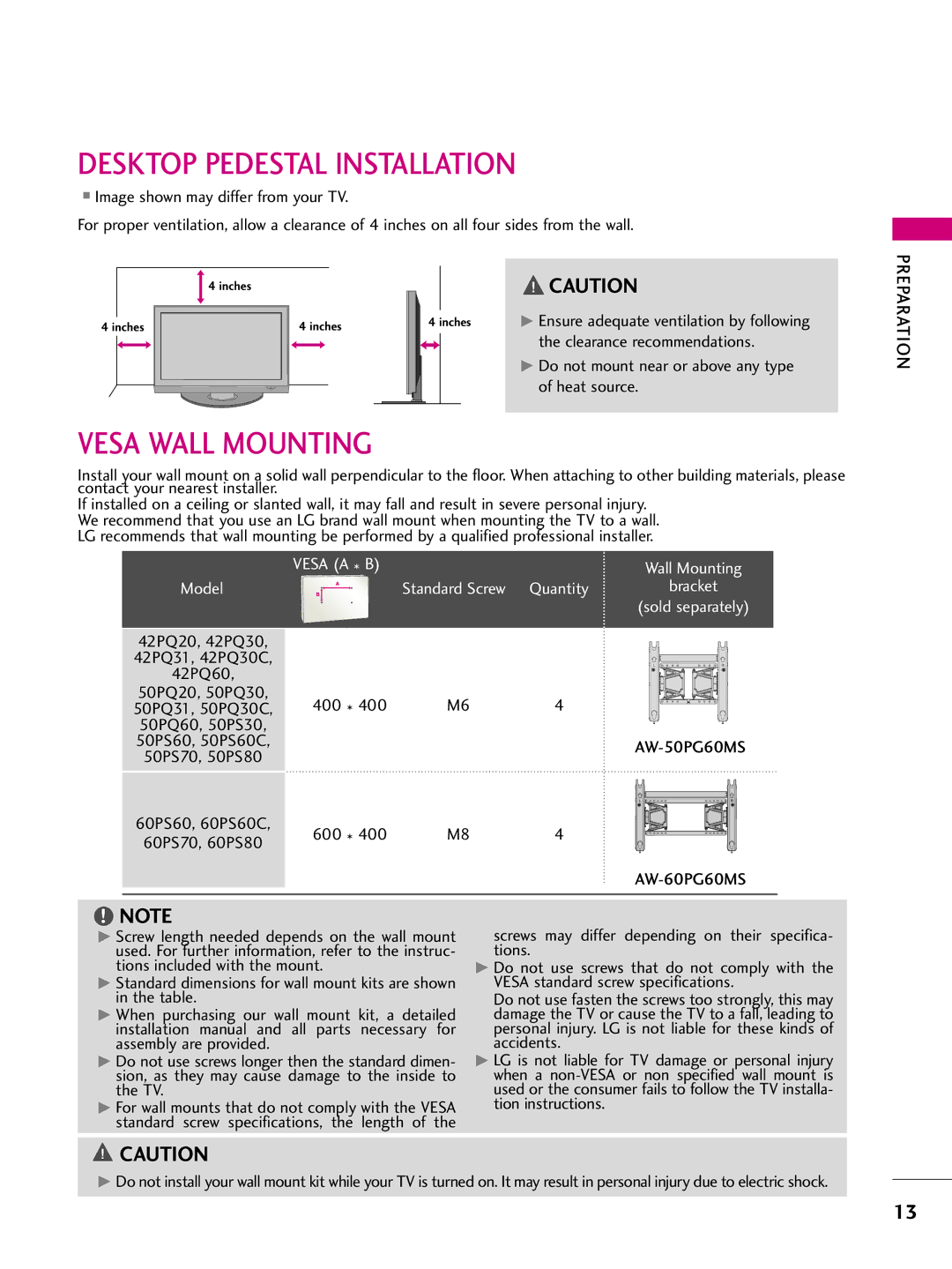 LG Electronics 60PS70, 50PS70 owner manual Desktop Pedestal Installation, Vesa Wall Mounting 