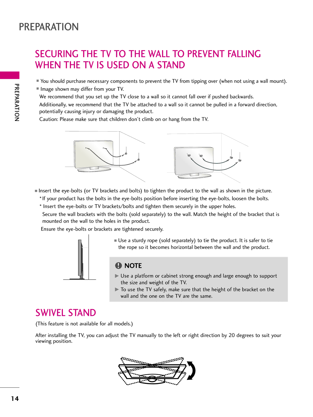 LG Electronics 50PS70, 60PS70 owner manual Swivel Stand 