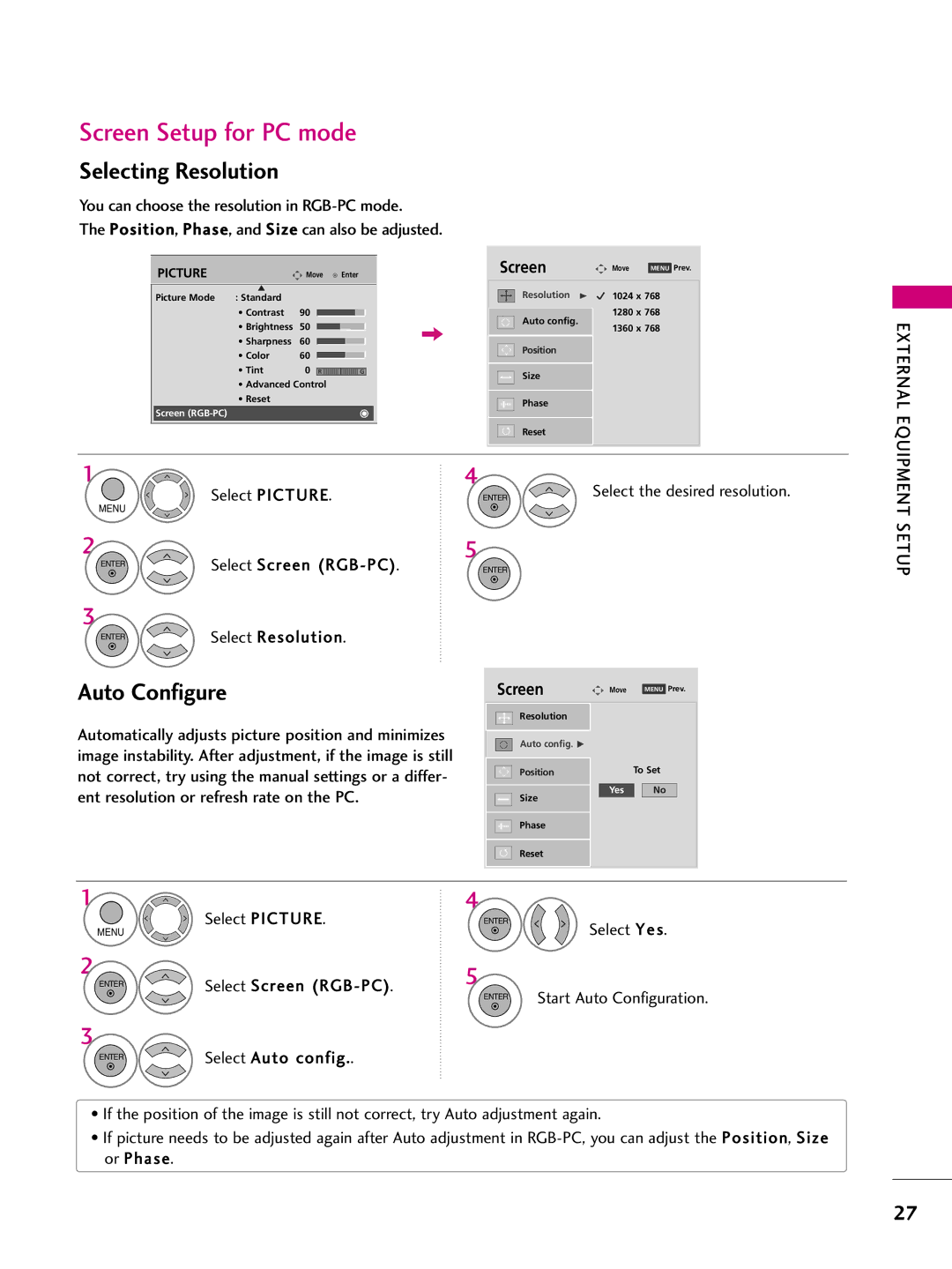 LG Electronics 60PS70, 50PS70 Screen Setup for PC mode, Selecting Resolution, Auto Configure, Select Screen RGB-PC 