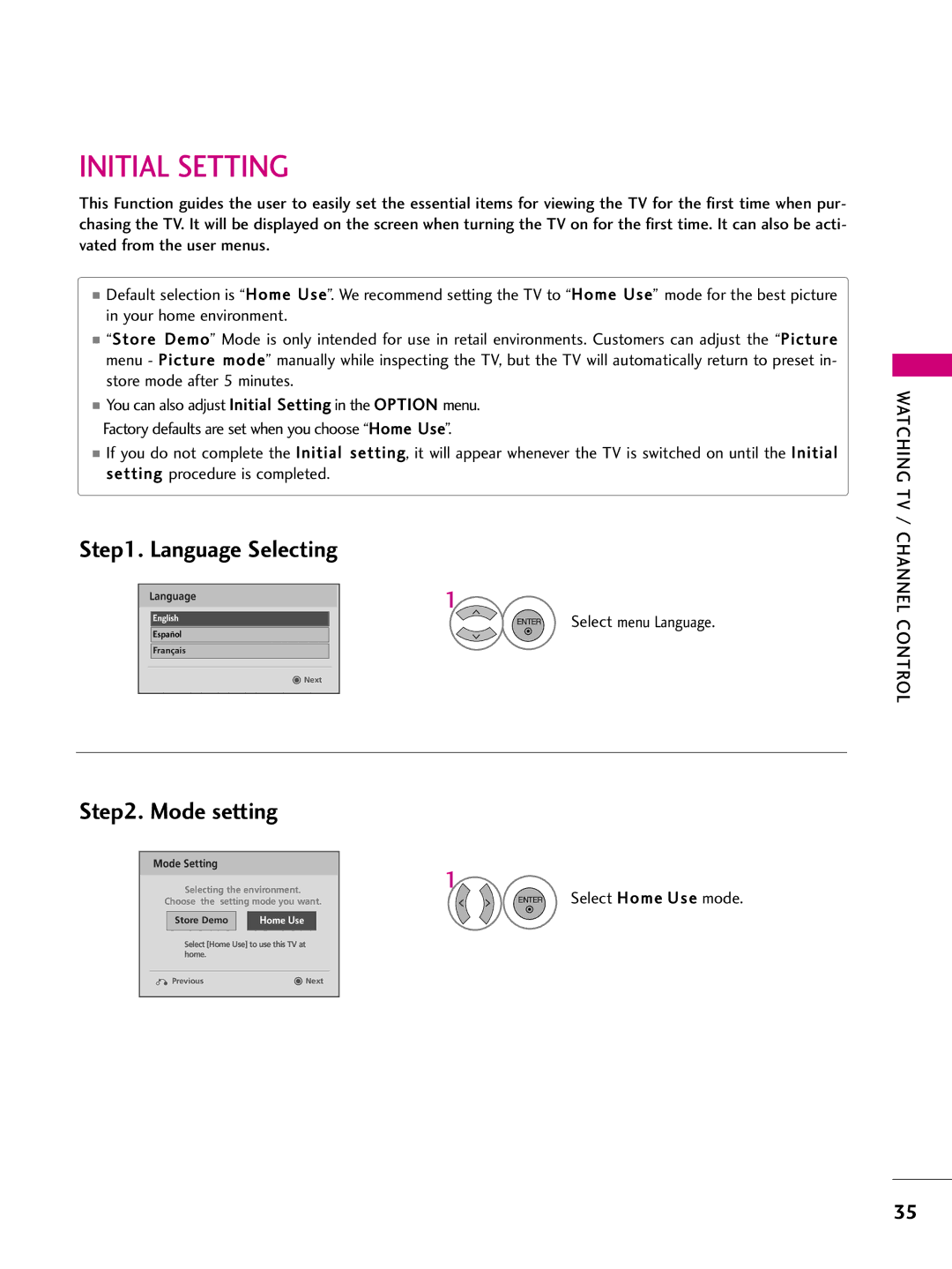 LG Electronics 60PS70, 50PS70 owner manual Initial Setting, Language Selecting, Mode setting, Enter Select Home Use mode 