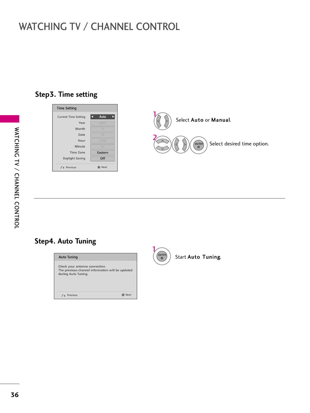 LG Electronics 50PS70, 60PS70 owner manual Select Auto or Manual Enter Select desired time option, Start Auto Tuning 