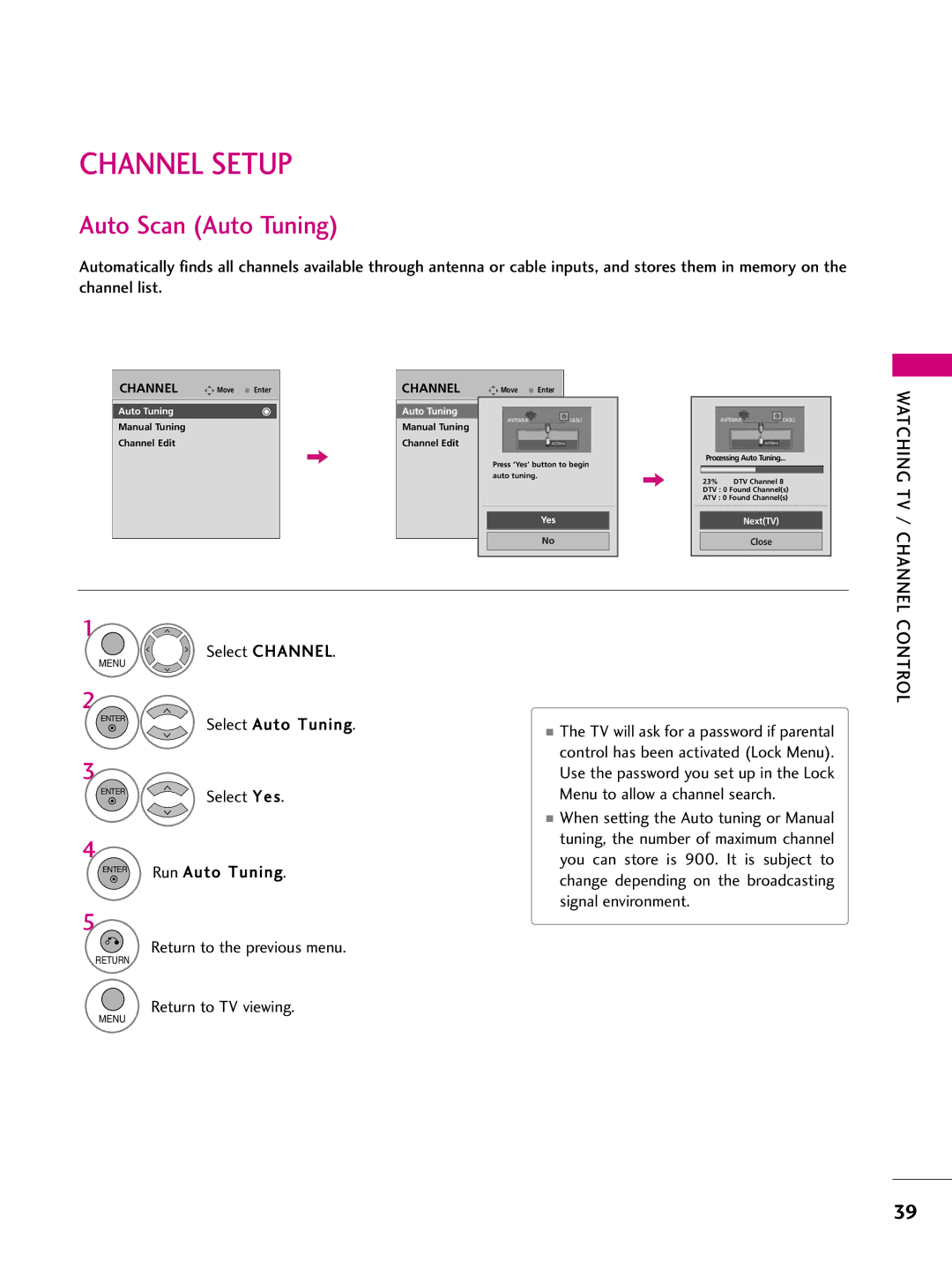 LG Electronics 60PS70, 50PS70 owner manual Channel Setup, Auto Scan Auto Tuning, Watching TV / Channel, Control 