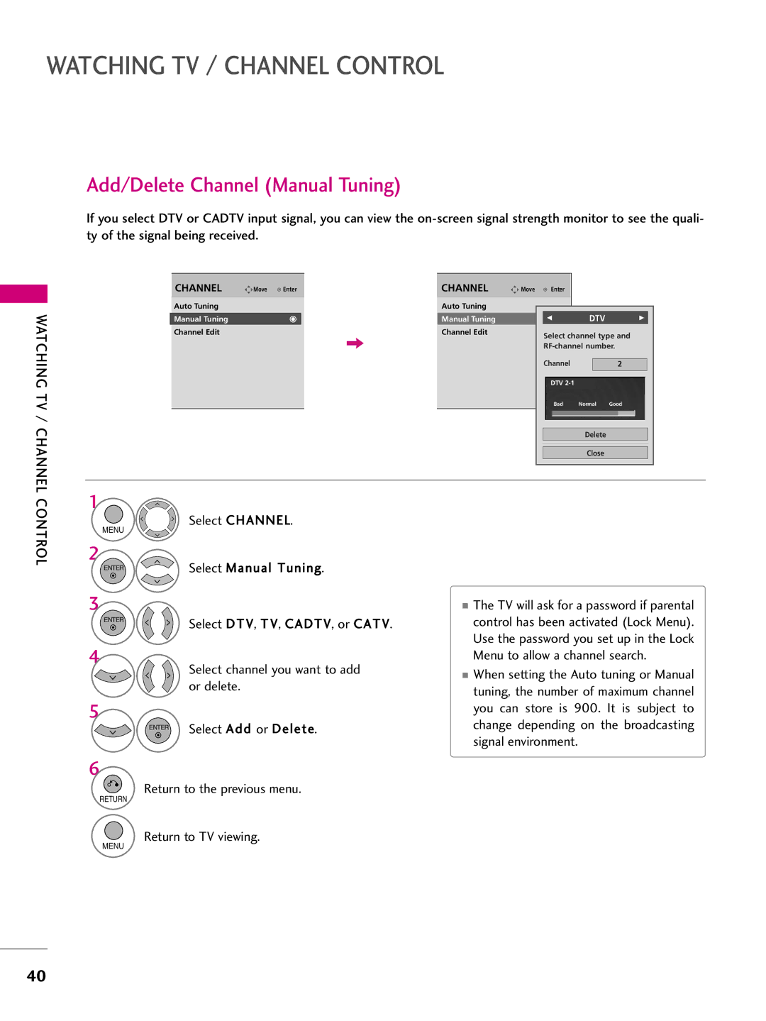 LG Electronics 50PS70, 60PS70 owner manual Add/Delete Channel Manual Tuning, Select Add or Delete 