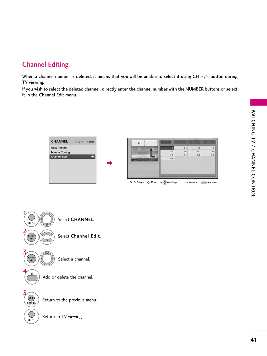 LG Electronics 60PS70, 50PS70 owner manual Channel Editing, Watching TV / Channel Control 