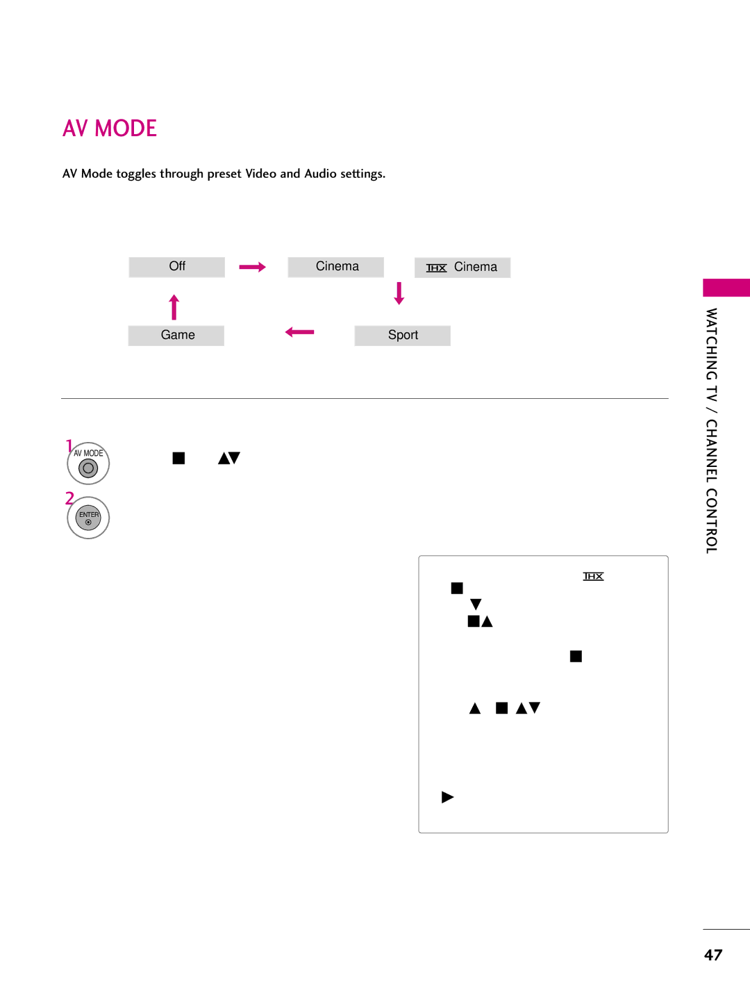 LG Electronics 60PS70, 50PS70 owner manual AV Mode toggles through preset Video and Audio settings 