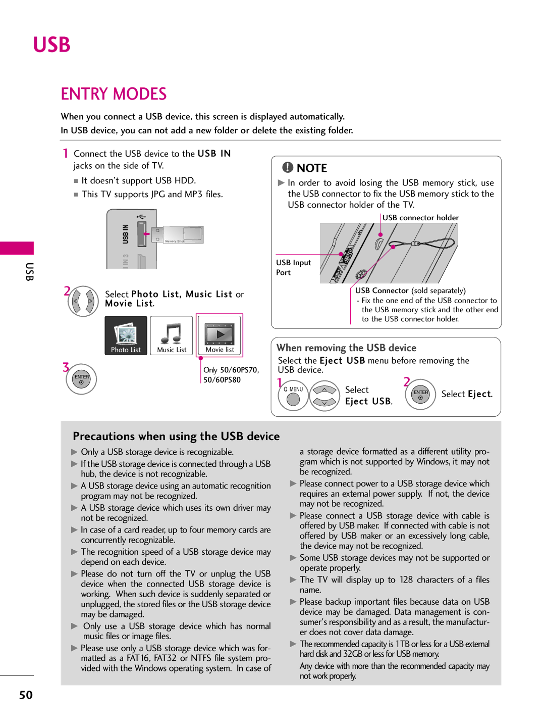 LG Electronics 50PS70, 60PS70 owner manual Usb, Entry Modes 