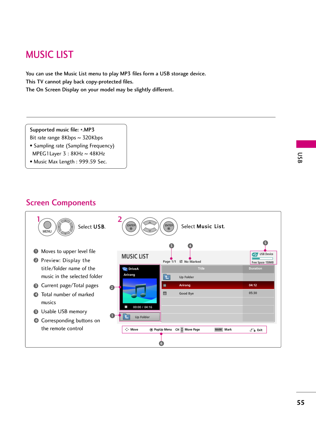 LG Electronics 60PS70, 50PS70 owner manual Music List, Screen Components 