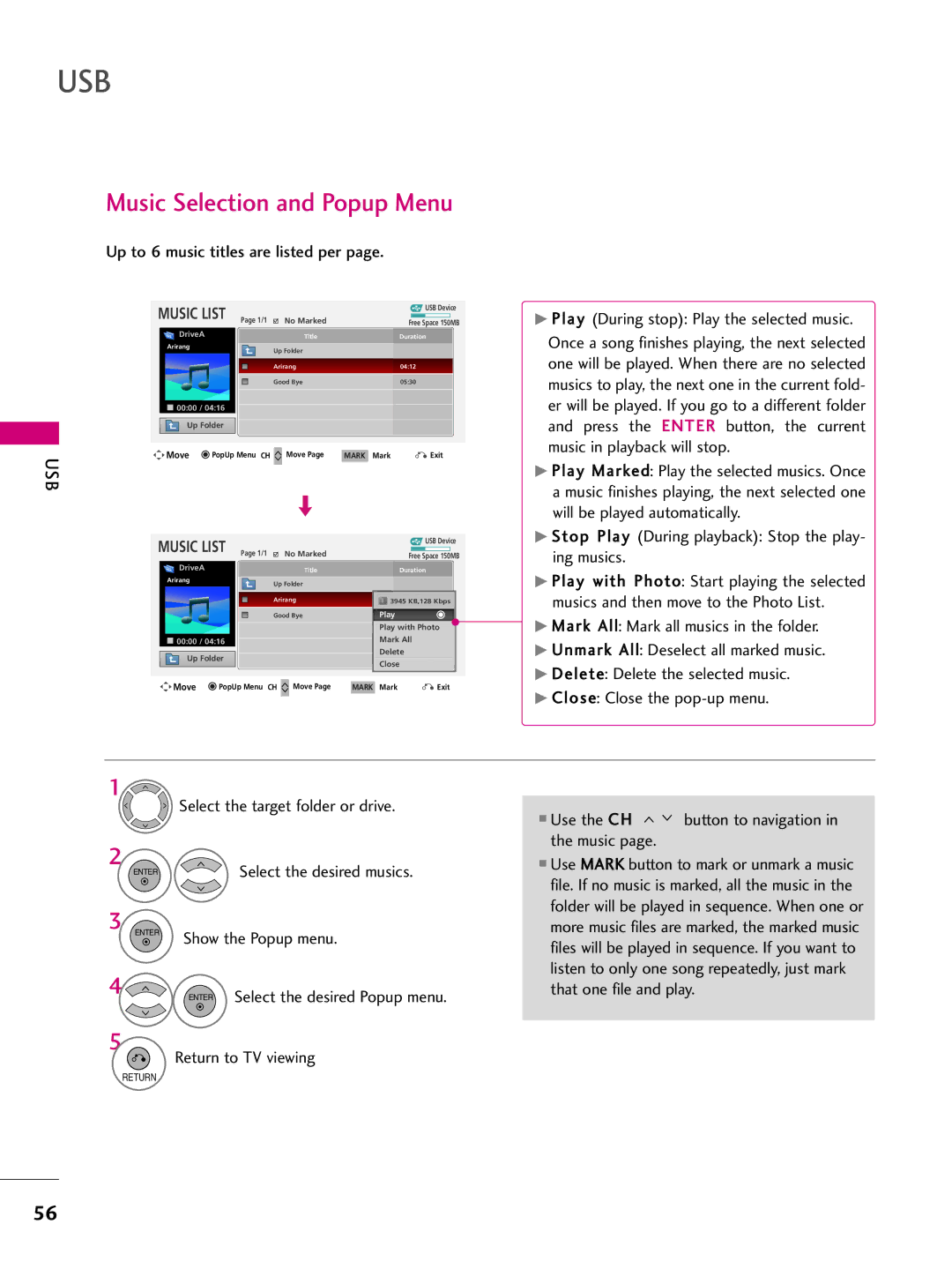 LG Electronics 50PS70 Music Selection and Popup Menu, Up to 6 music titles are listed per, Select the desired musics 