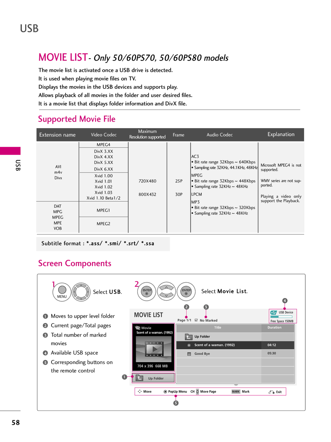 LG Electronics 50PS70, 60PS70 Supported Movie File, Subtitle format *.ass/ *.smi/ *.srt/ *.ssa, Select Movie List 