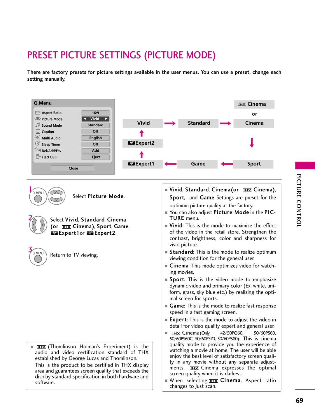 LG Electronics 60PS70, 50PS70 owner manual Preset Picture Settings Picture Mode, CinemaOnly 