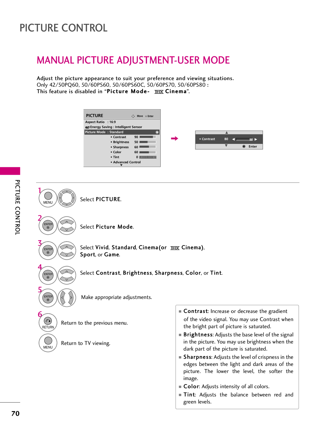 LG Electronics 50PS70, 60PS70 Manual Picture ADJUSTMENT-USER Mode, Select Picture Mode Select Vivid, Standard, Cinemaor 