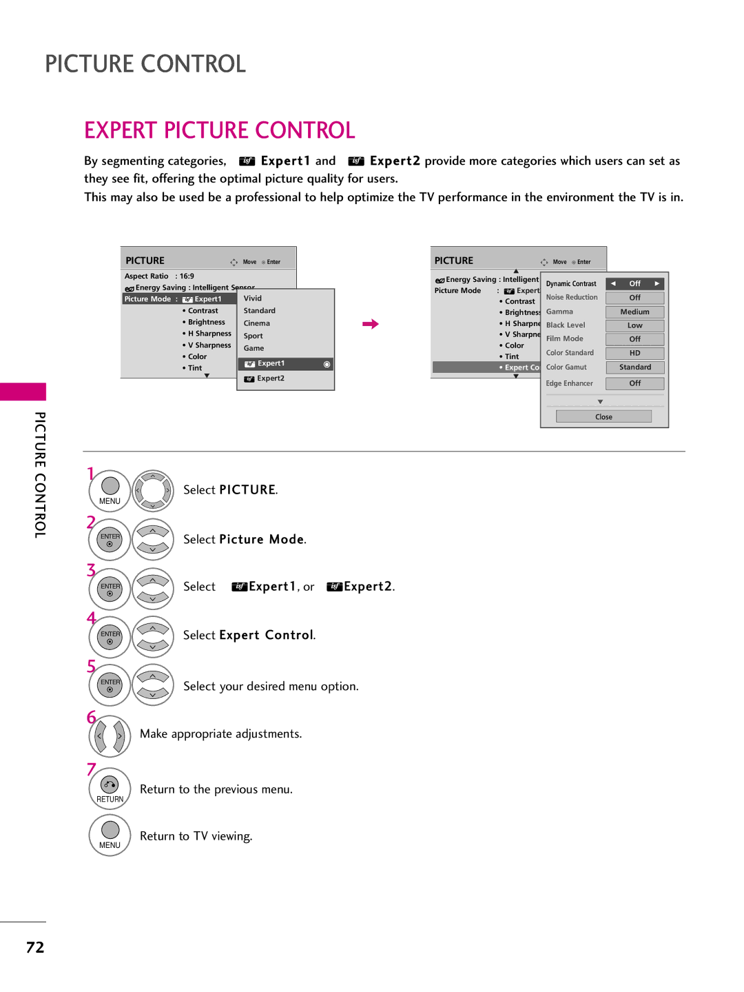 LG Electronics 50PS70, 60PS70 owner manual Expert Picture Control, Off G 