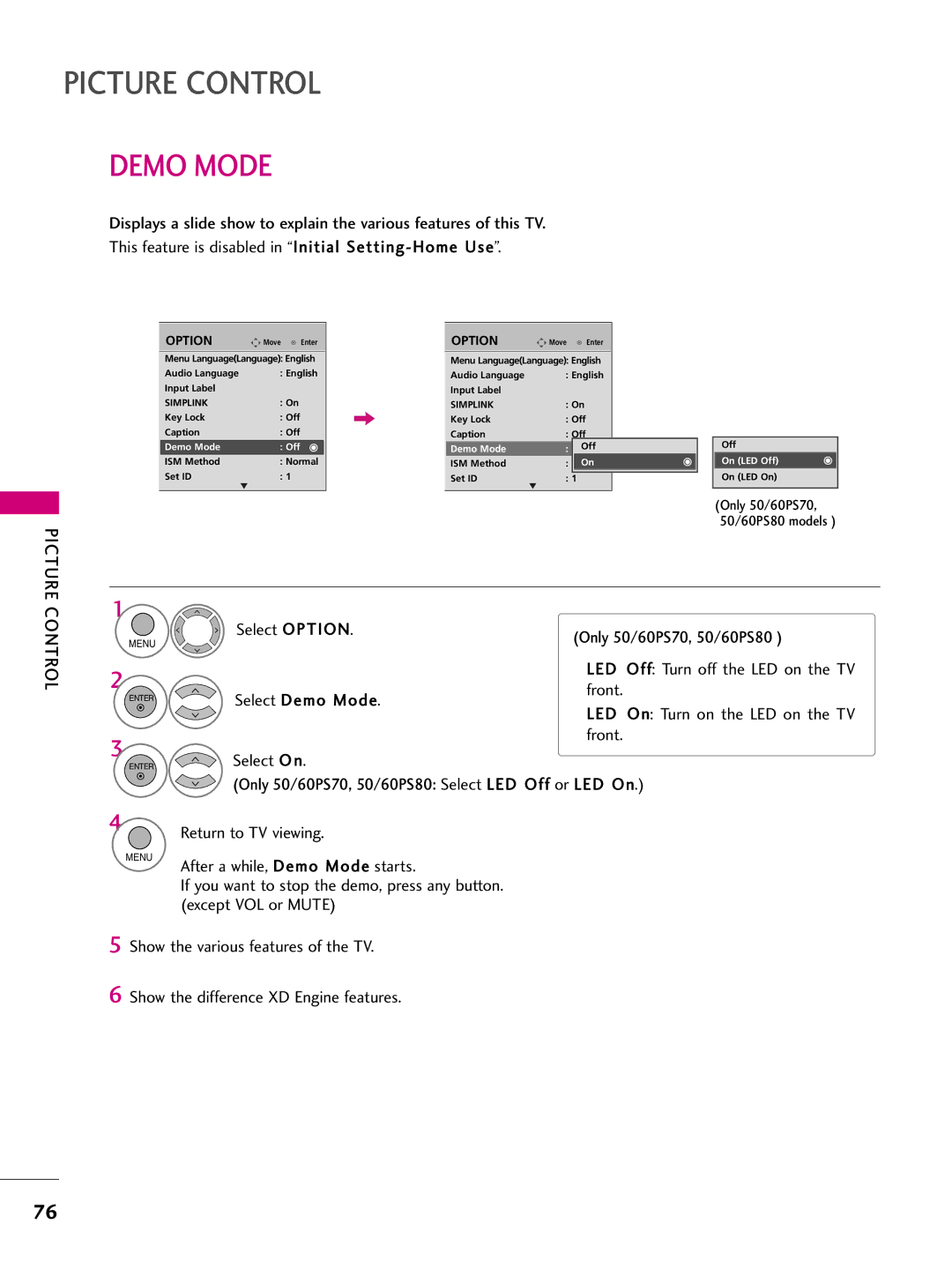 LG Electronics 50PS70, 60PS70 owner manual Demo Mode 