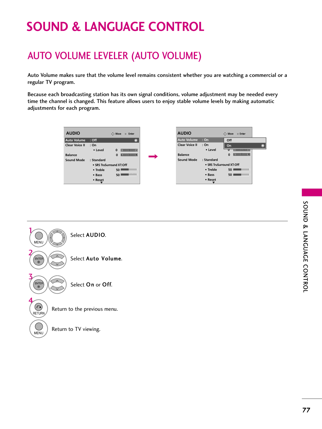 LG Electronics 60PS70, 50PS70 owner manual Sound & Language Control, Auto Volume Leveler Auto Volume 