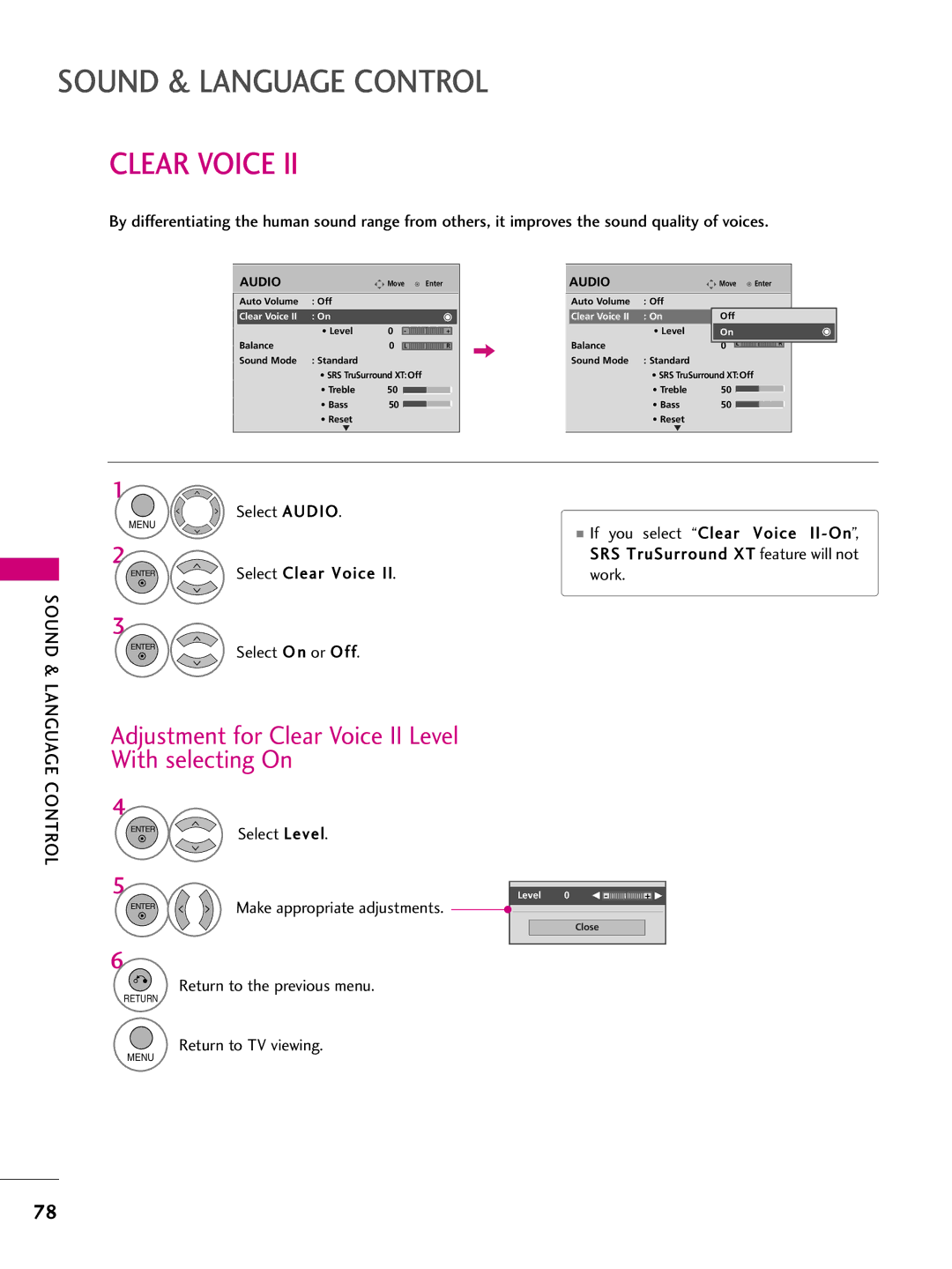 LG Electronics 50PS70, 60PS70 owner manual Adjustment for Clear Voice II Level With selecting On 