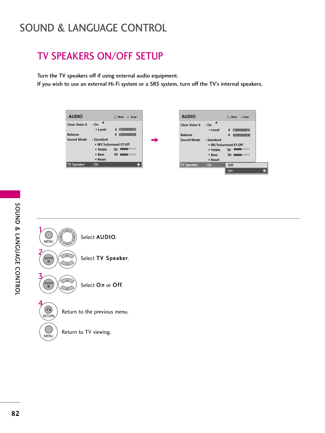 LG Electronics 50PS70, 60PS70 owner manual TV Speakers ON/OFF Setup, Select TV 