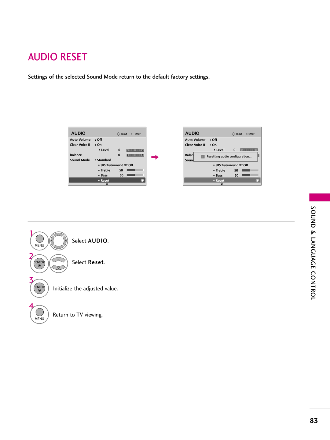 LG Electronics 60PS70, 50PS70 owner manual Audio Reset 