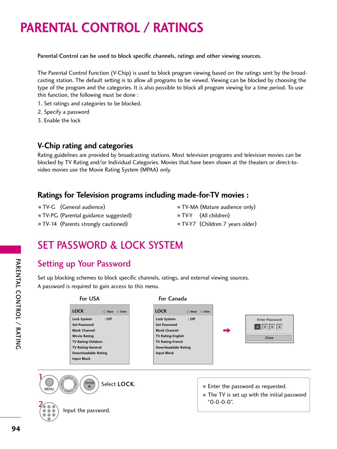 LG Electronics 50PS70, 60PS70 owner manual Parental Control / Ratings, SET Password & Lock System, Setting up Your Password 