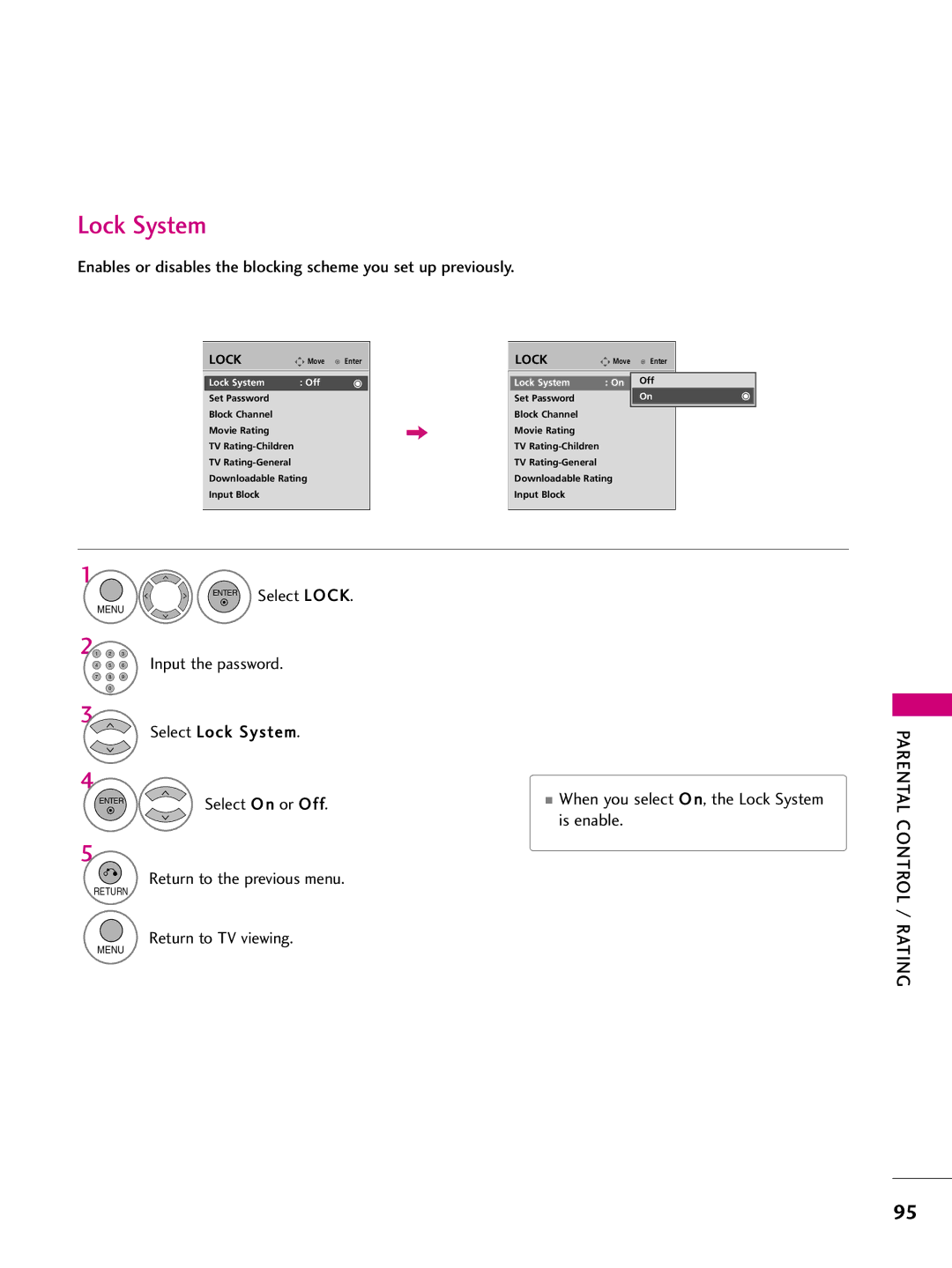 LG Electronics 60PS70, 50PS70 Select Lock System, Is enable Return to the previous menu, Parental Control / Rating 