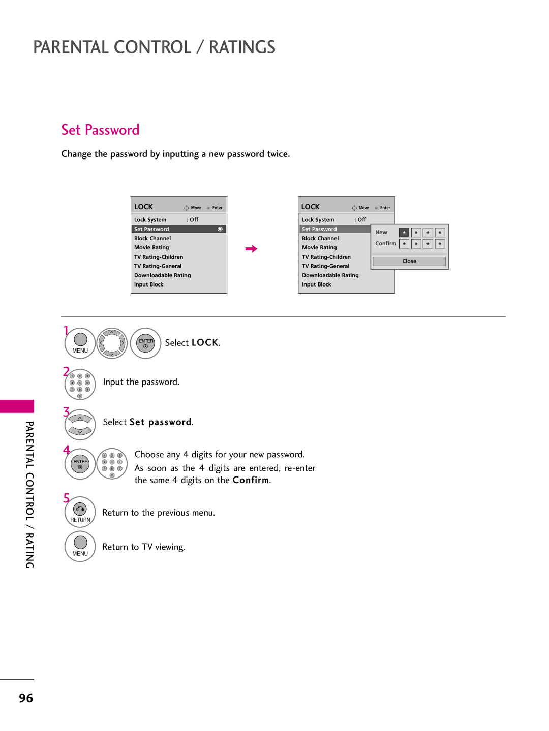 LG Electronics 50PS70 Set Password, Change the password by inputting a new password twice, Same 4 digits on the Confirm 