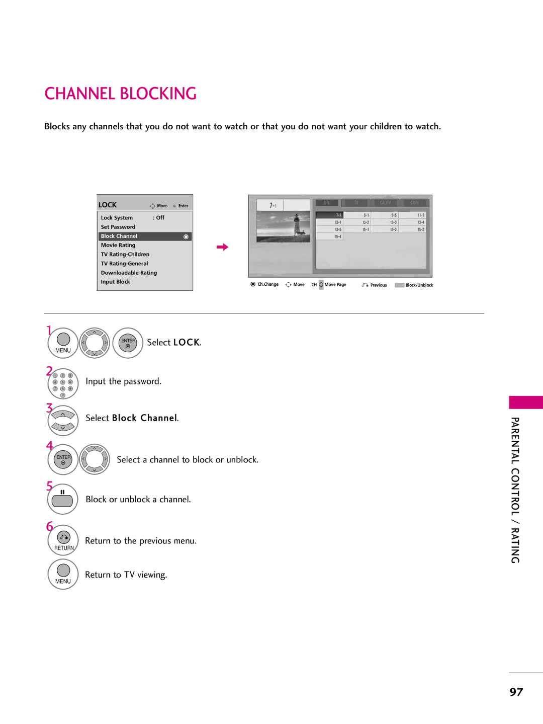 LG Electronics 60PS70, 50PS70 owner manual Channel Blocking, Block Channel 