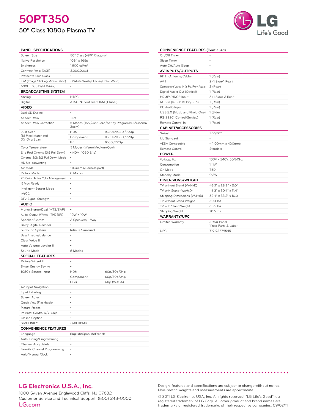 LG Electronics 50PT350 Panel Specifications, Broadcasting System, Video, Audio, Special Features, Convenience Features 