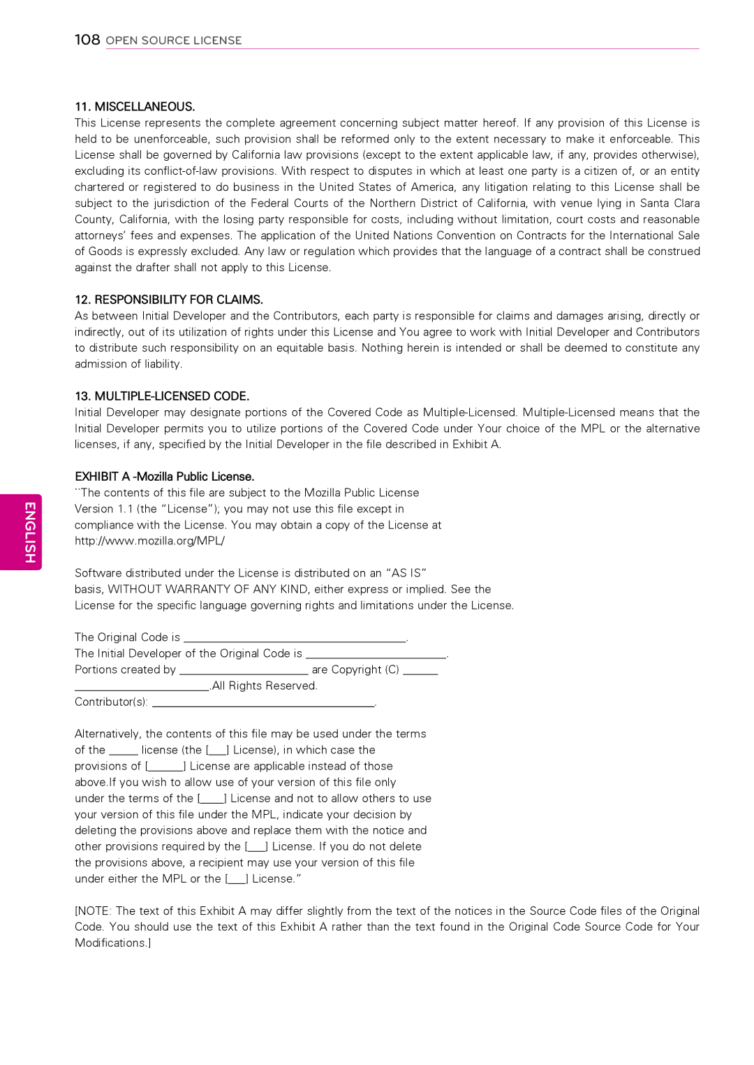 LG Electronics 50PT490E owner manual Miscellaneous, Responsibility for Claims, MULTIPLE-LICENSED Code 