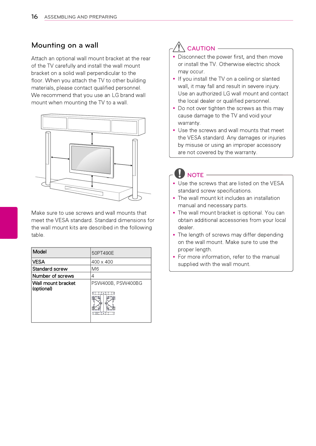 LG Electronics 50PT490E owner manual Mounting on a wall, Make sure to use screws and wall mounts that, Vesa 