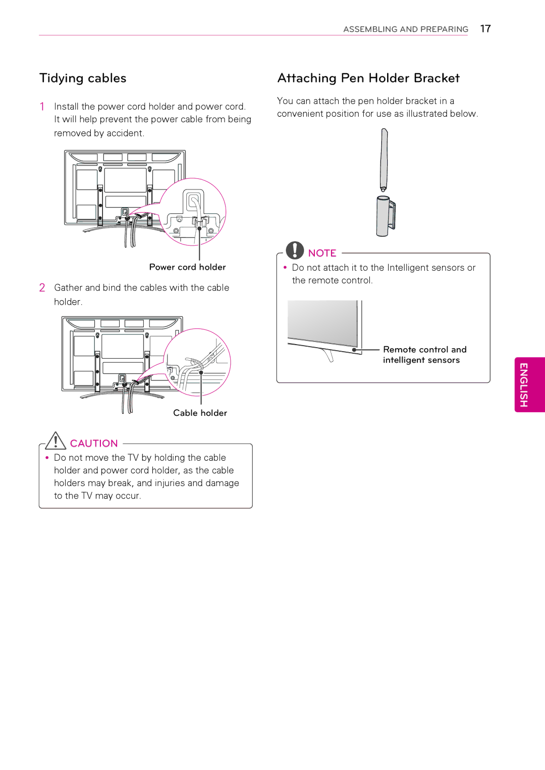 LG Electronics 50PT490E owner manual Tidying cables, Attaching Pen Holder Bracket 