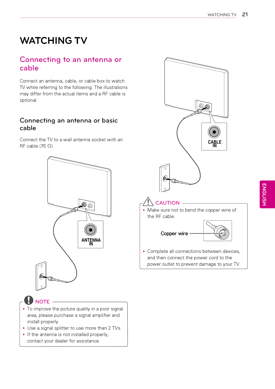 LG Electronics 50PT490E Watching TV, Connecting to an antenna or cable, Connecting an antenna or basic cable, Copper wire 