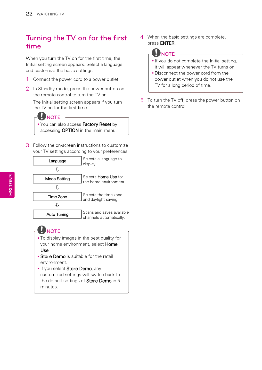 LG Electronics 50PT490E owner manual Turning the TV on for the first time, Language Mode Setting Time Zone Auto Tuning 