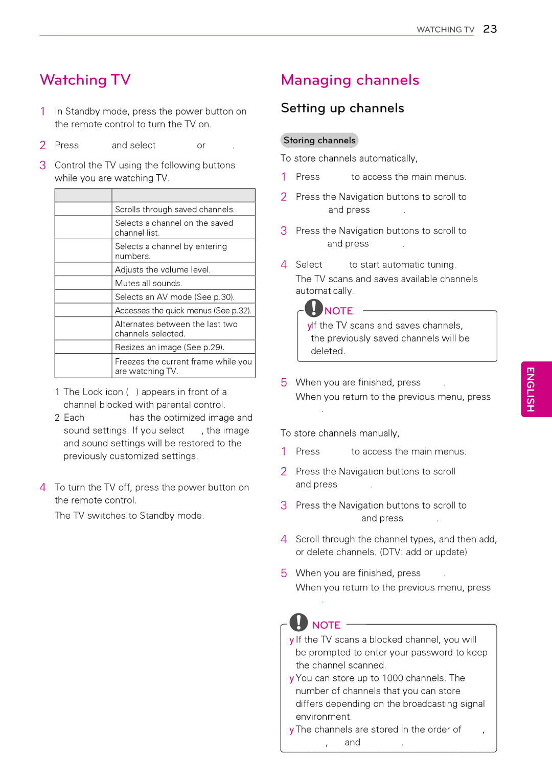 LG Electronics 50PT490E owner manual Watching TV, Managing channels, Setting up channels 