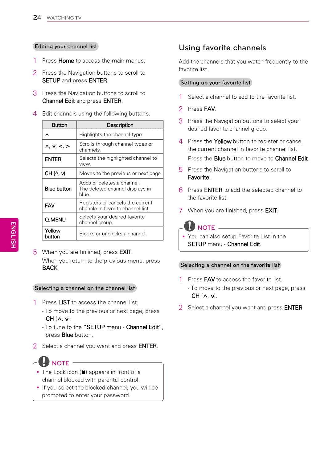 LG Electronics 50PT490E owner manual Using favorite channels, Enter, Fav 