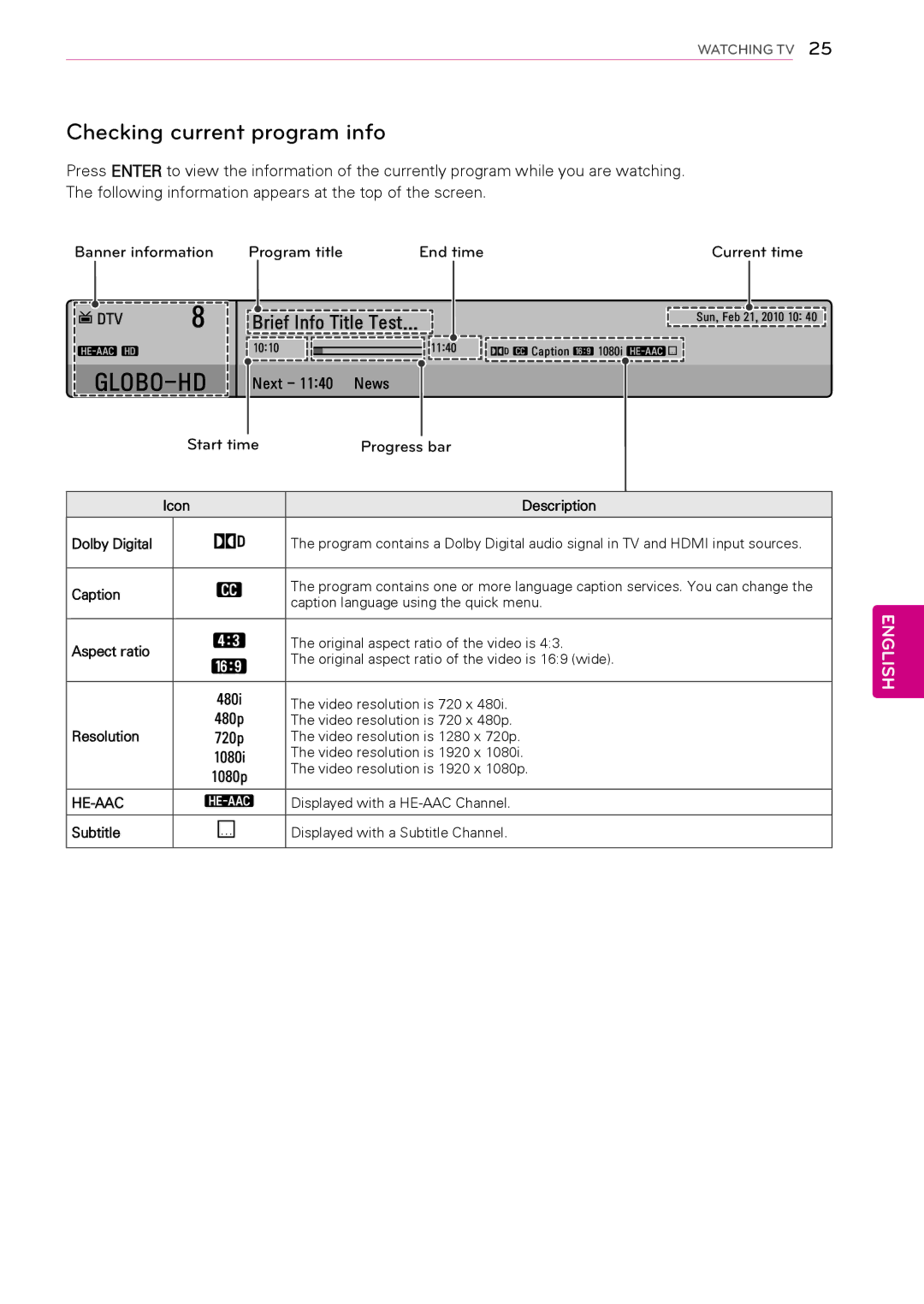 LG Electronics 50PT490E owner manual Checking current program info, Next 1140 News, Start time Progress bar, He-Aac 