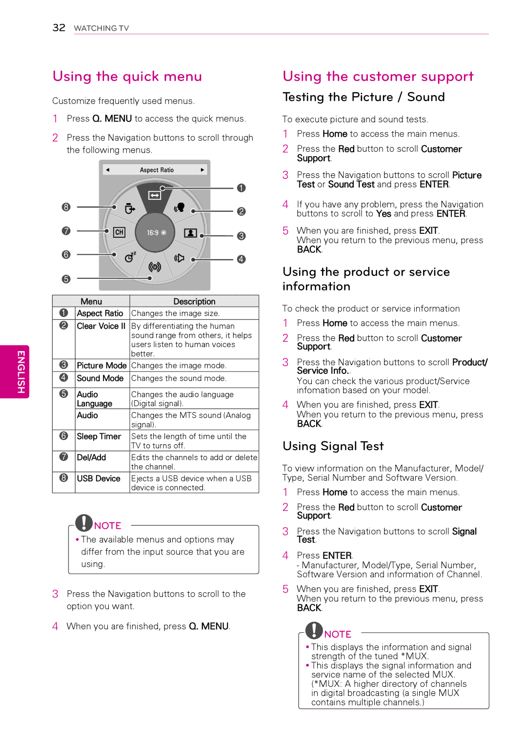 LG Electronics 50PT490E Using the quick menu, Using the customer support, Testing the Picture / Sound, Using Signal Test 