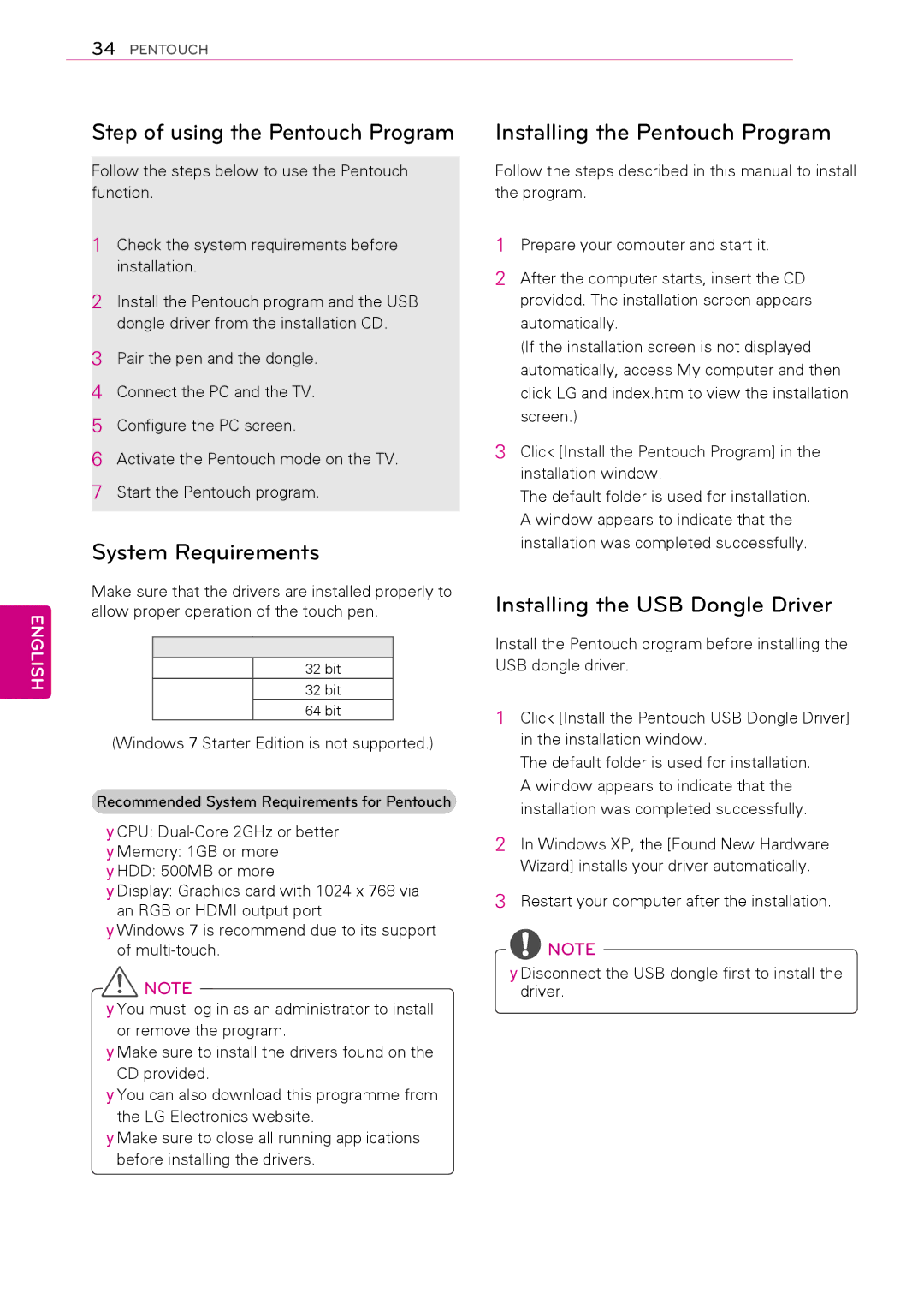 LG Electronics 50PT490E Step of using the Pentouch Program, System Requirements, Installing the Pentouch Program 