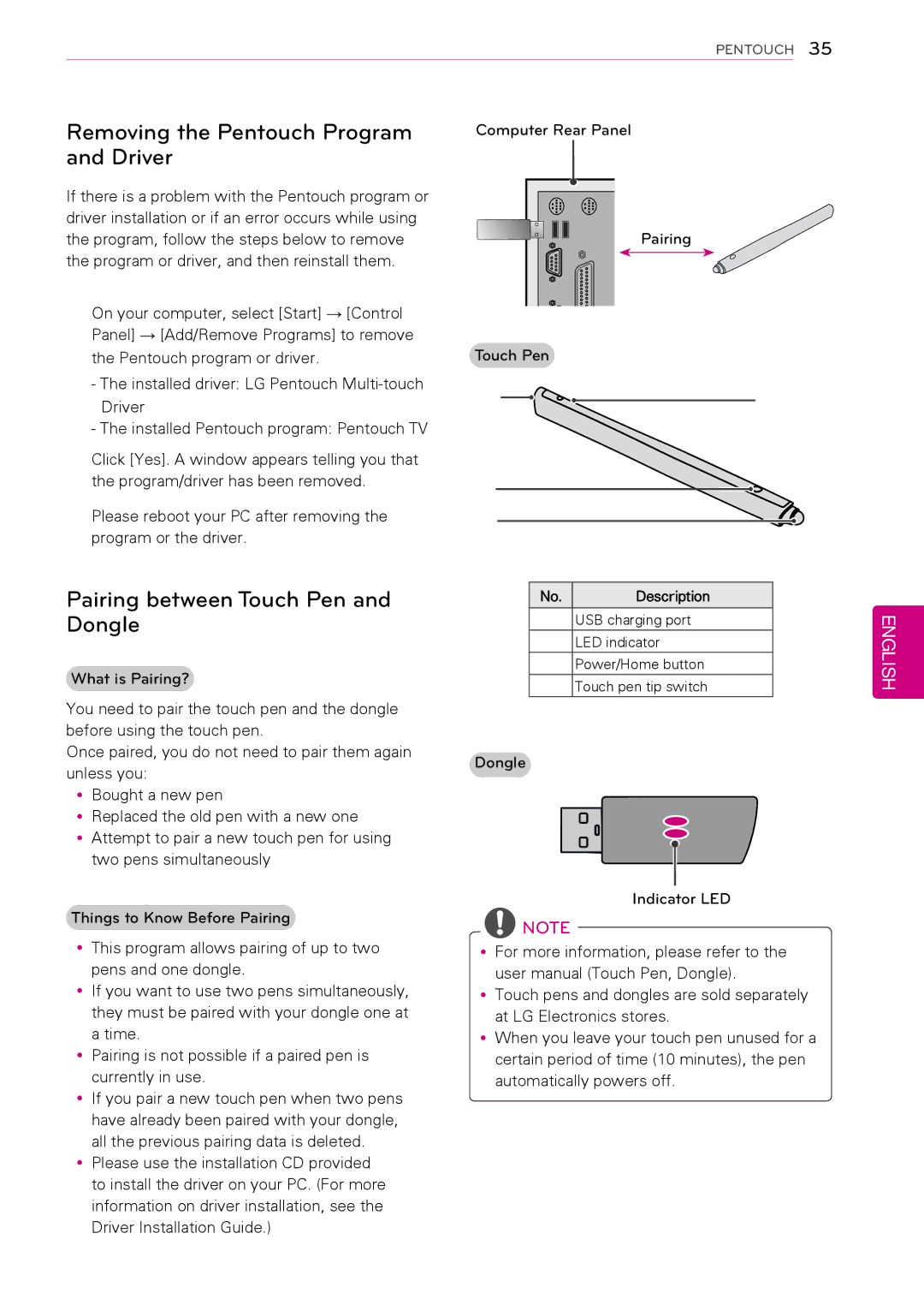 LG Electronics 50PT490E Removing the Pentouch Program and Driver, Pairing between Touch Pen and Dongle, What is Pairing? 