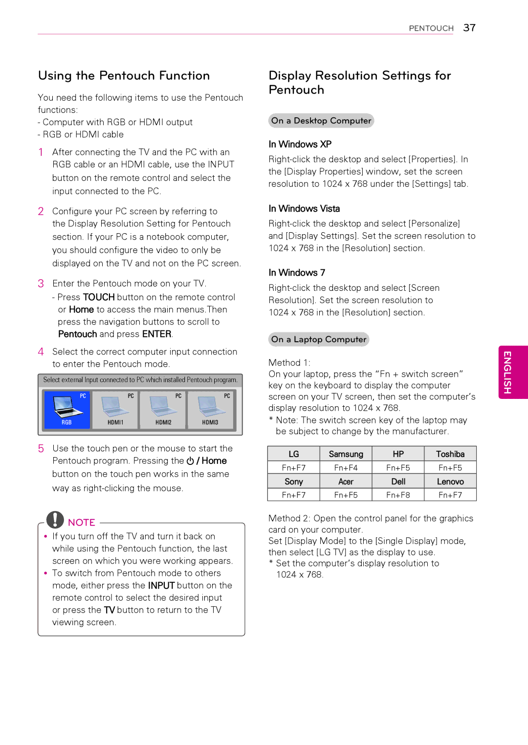 LG Electronics 50PT490E Using the Pentouch Function, Display Resolution Settings for Pentouch, Windows XP, Windows Vista 