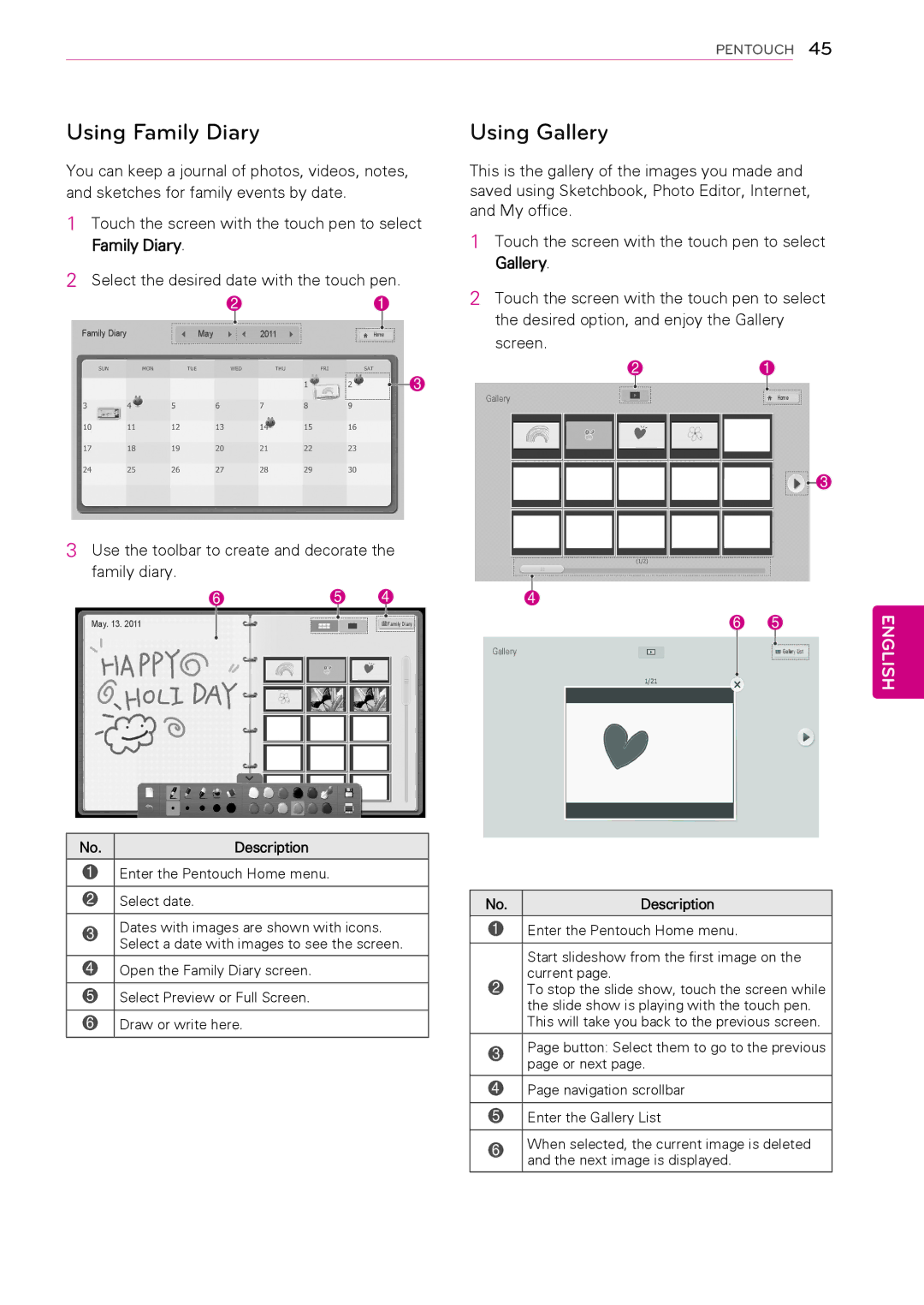 LG Electronics 50PT490E Using Family Diary, Using Gallery, Use the toolbar to create and decorate the family diary 