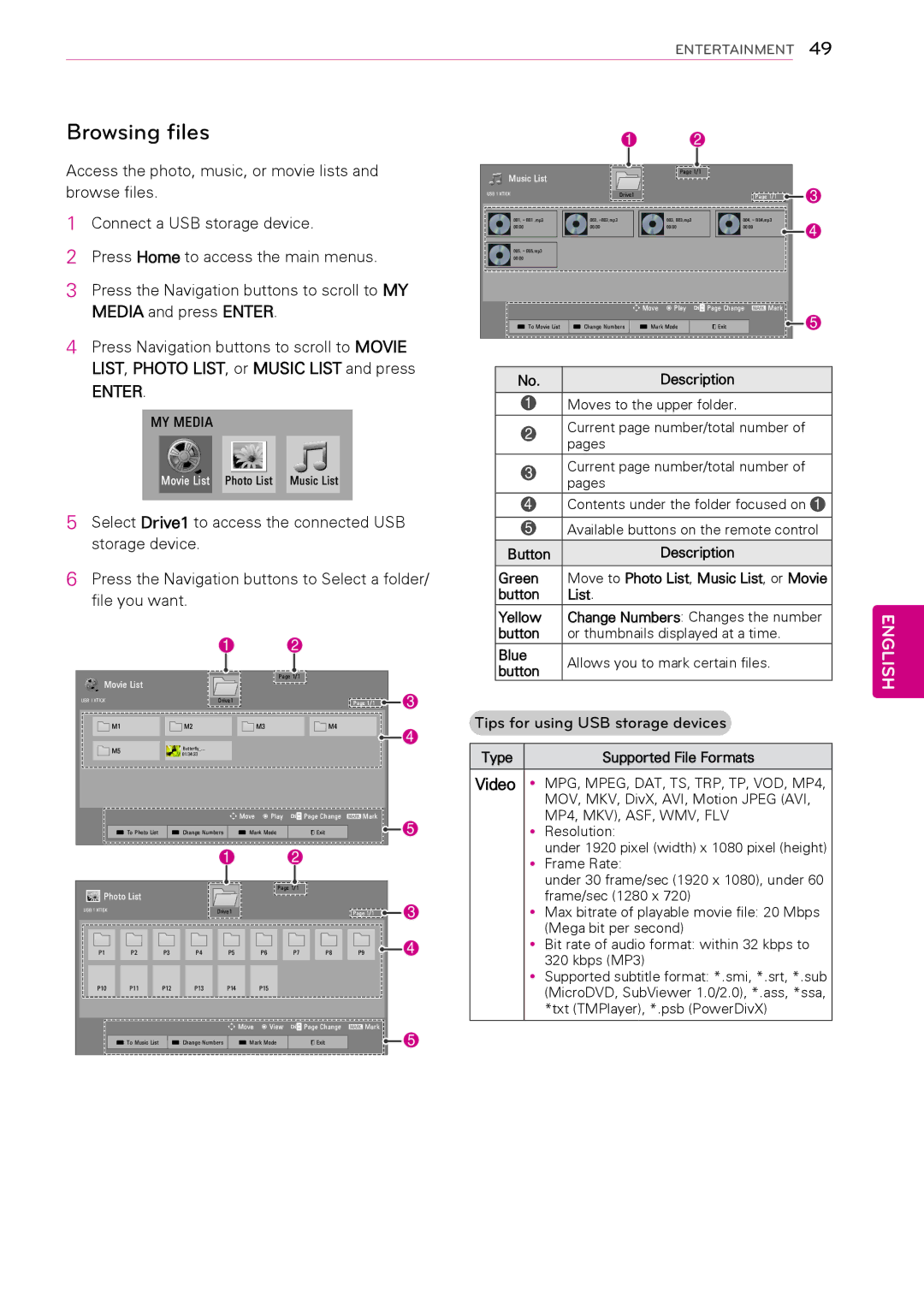 LG Electronics 50PT490E Browsing files, Button Description Green, Button List Yellow, Type Supported File Formats 