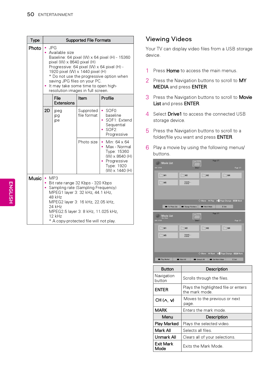 LG Electronics 50PT490E owner manual Viewing Videos, Music yyMP3 