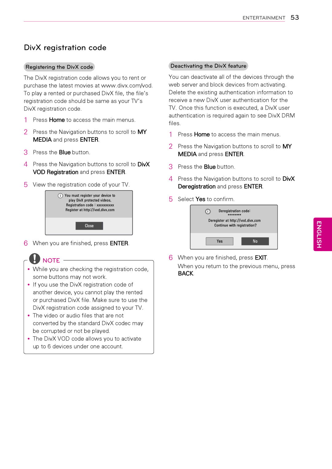 LG Electronics 50PT490E owner manual DivX registration code 