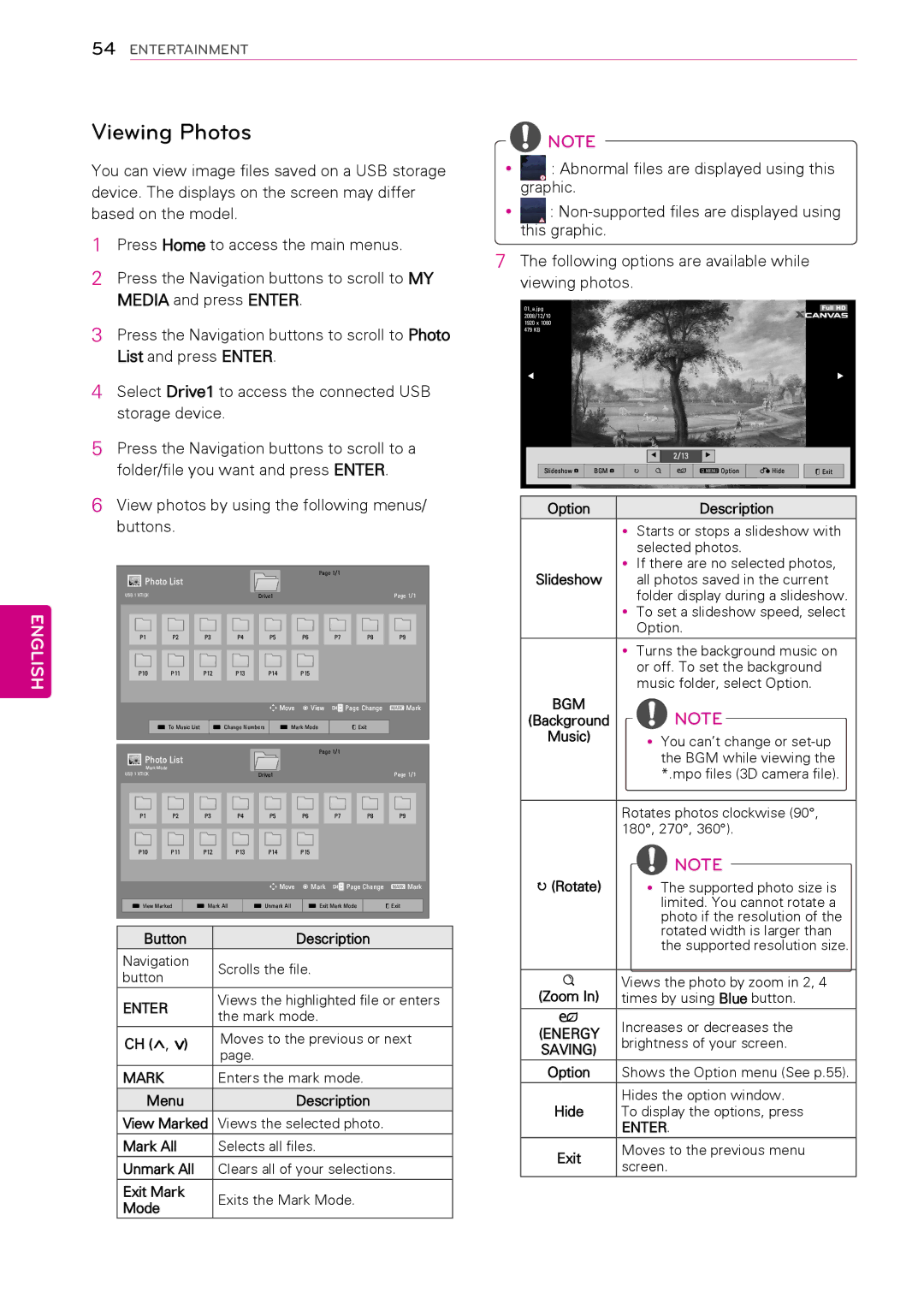 LG Electronics 50PT490E owner manual Viewing Photos, Menu, Mode, Bgm 