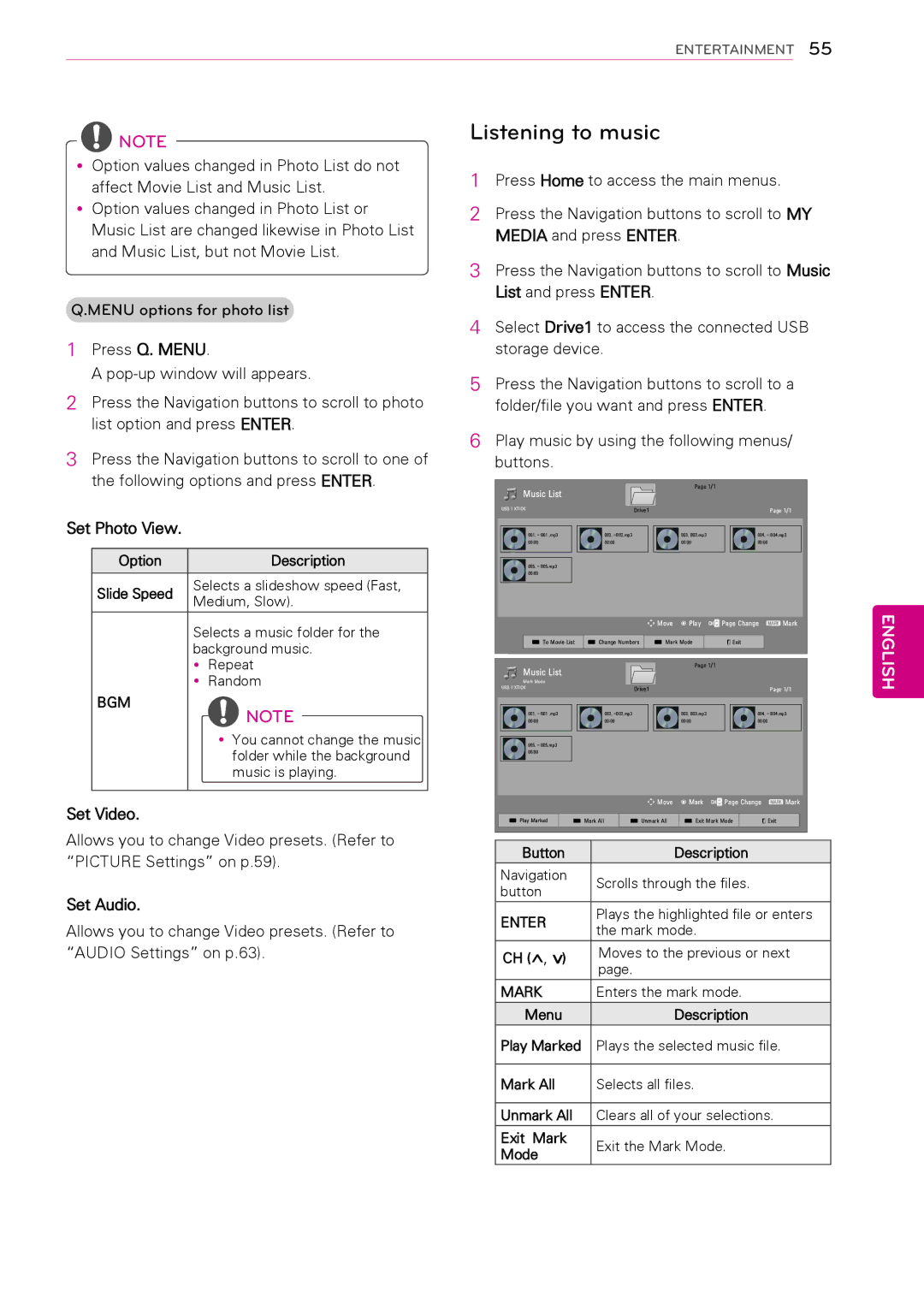 LG Electronics 50PT490E Listening to music, Set Photo View, Option Description Slide Speed, Menu Description Play Marked 