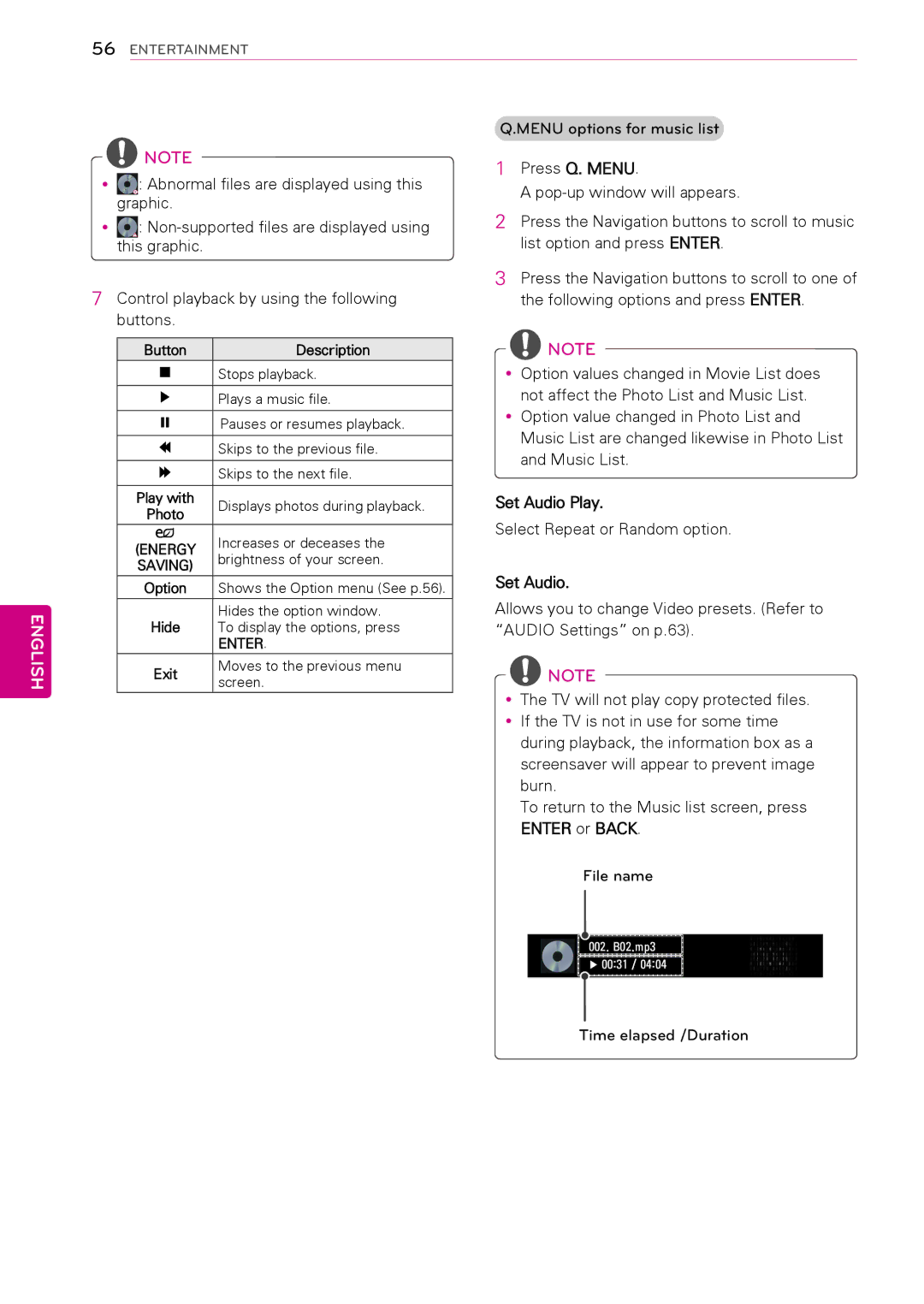 LG Electronics 50PT490E Yy Non-supported files are displayed using, Set Audio Play, Select Repeat or Random option 